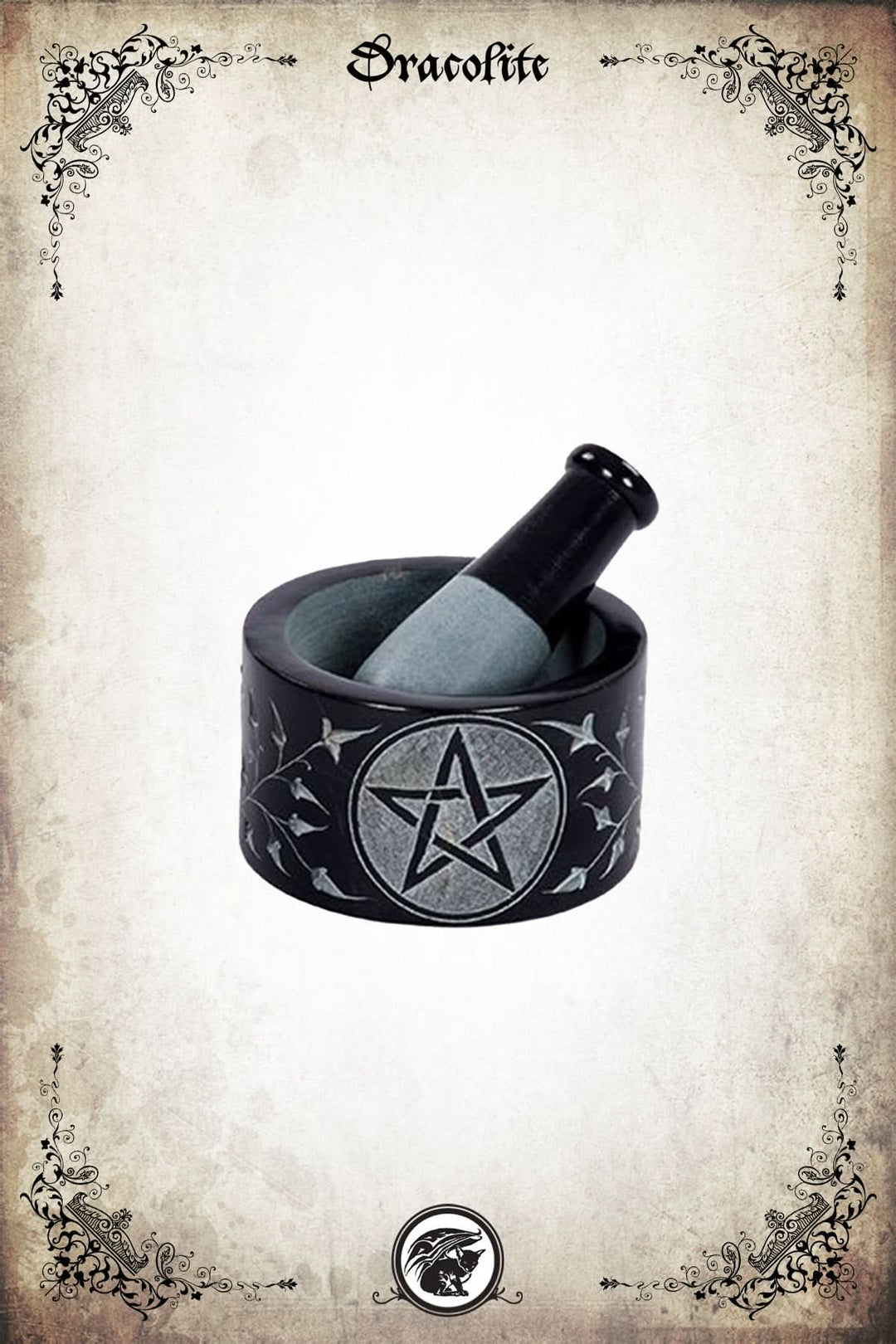 Mortier et pilon avec pentacle sculpté