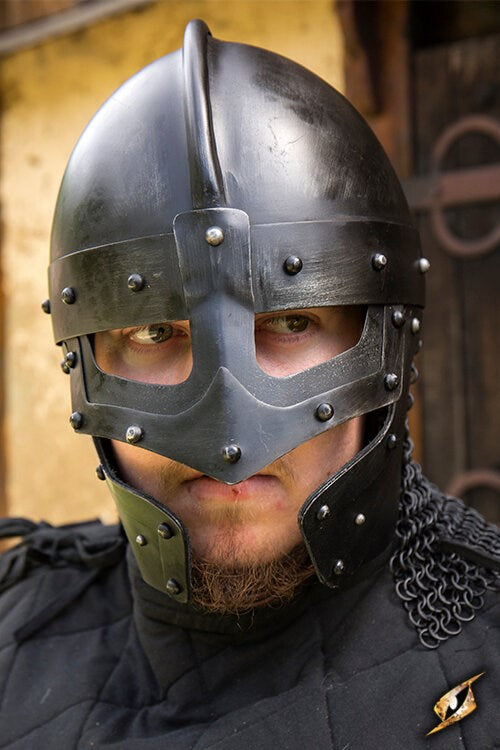 Raven Helmet - Polished steel beaked helmet with camail for LARP