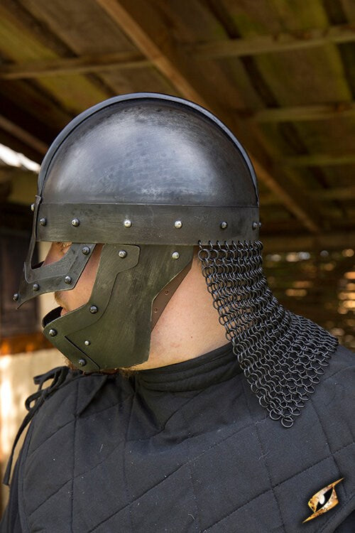 Raven Helmet - Polished steel beaked helmet with camail for LARP
