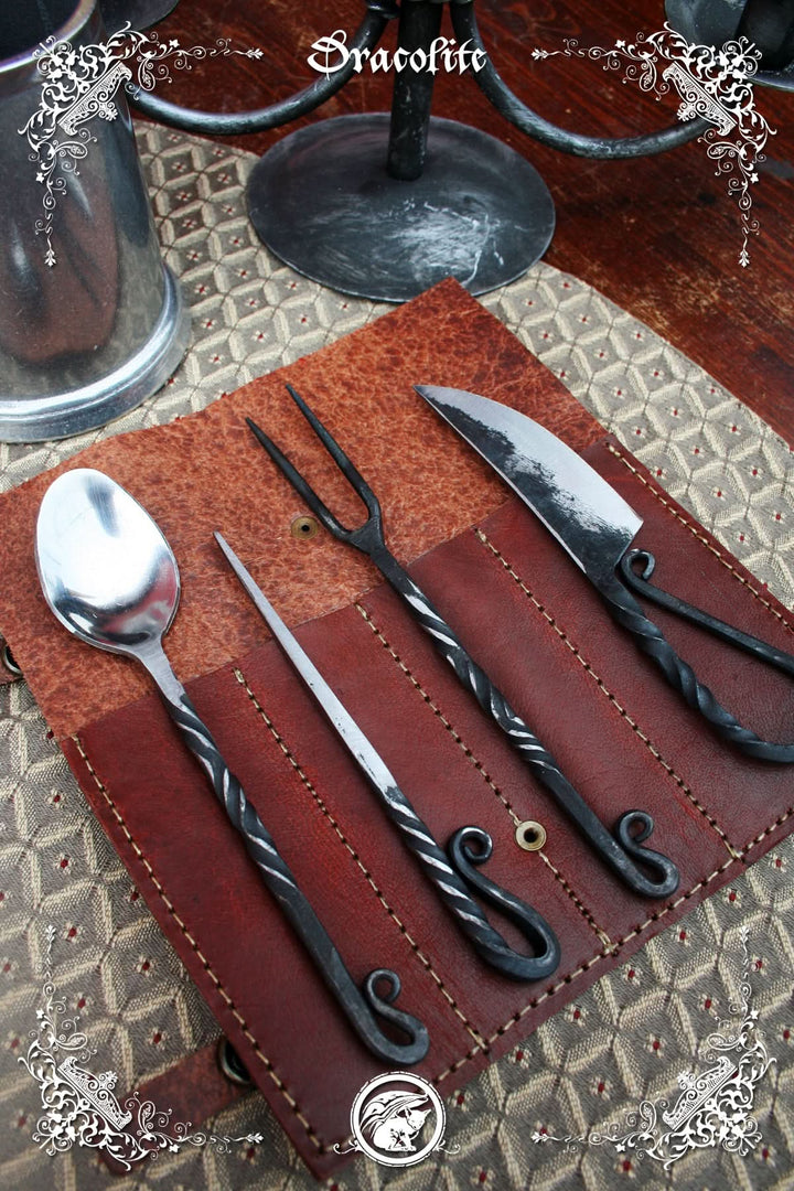 Medieval utensils (4) in antique stainless steel with cases