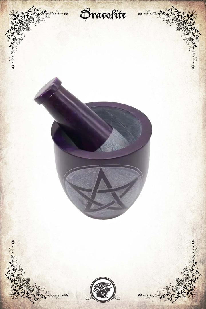 Mortier et pilon en pierre à savon – Pentacle violet
