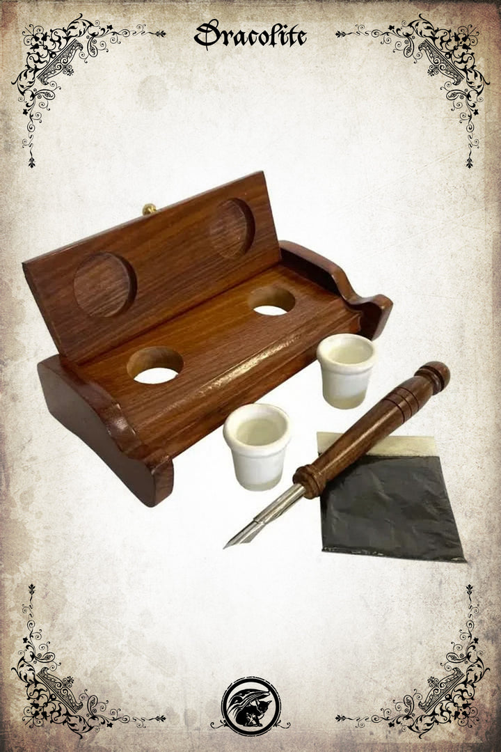 Encrier de scribe en bois – coffret avec plume & encriers