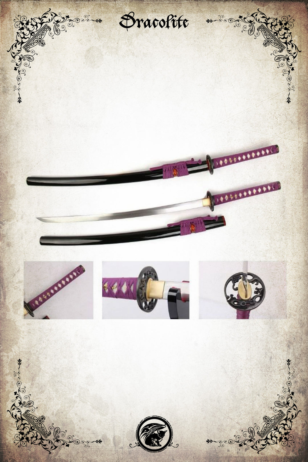 L'ombre Murasaki Katana fonctionnel Pourpre – poignée violette & fourreau noir laqué