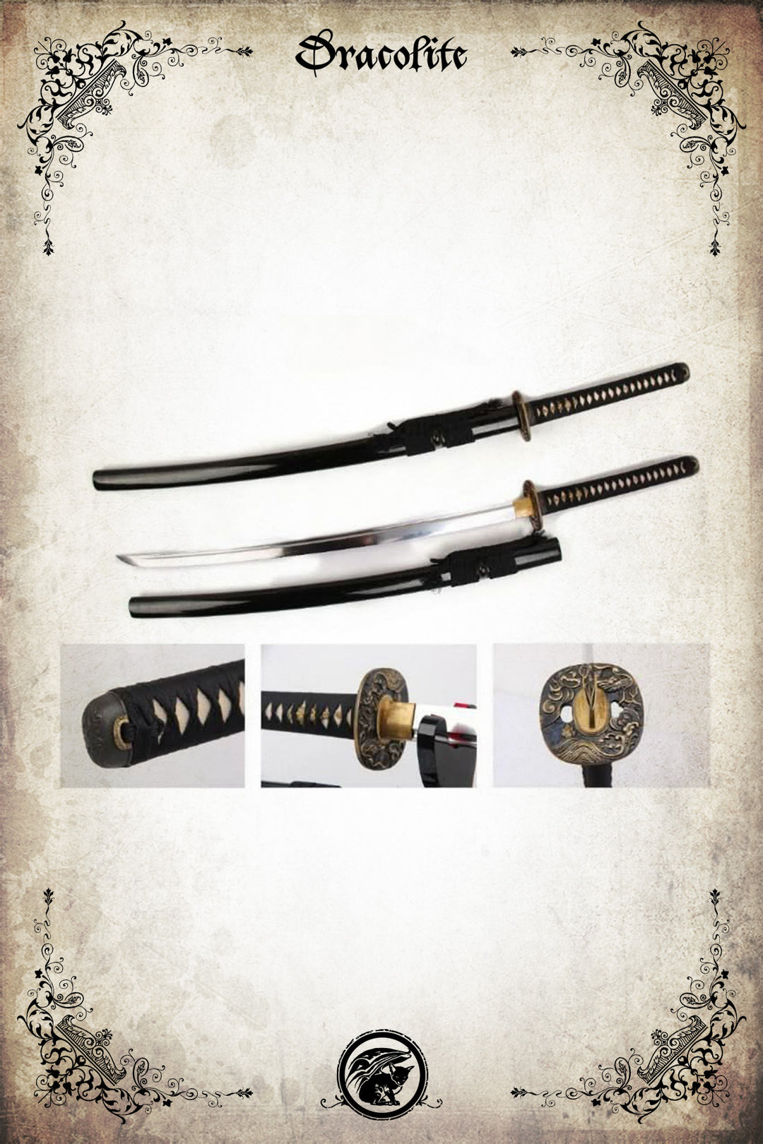 Katana fonctionnel Grue d’Or – poignée noire & fourreau laqué