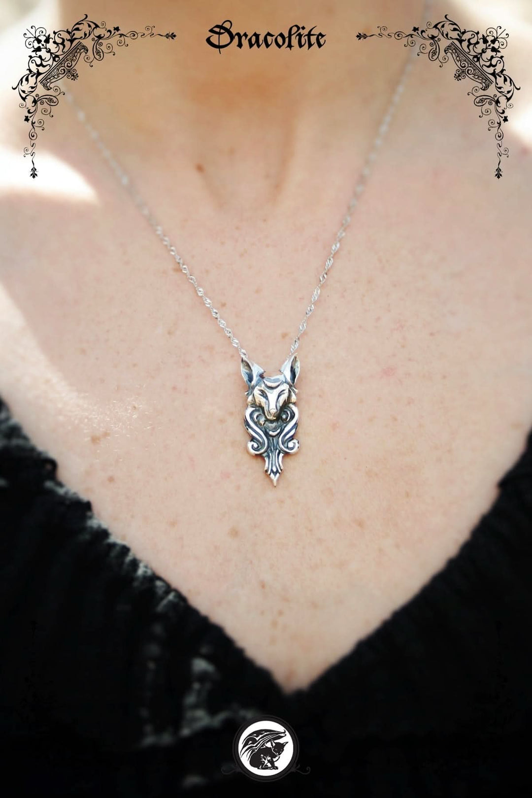 Mythical Fox Pendant with Moon in Sterling Silver