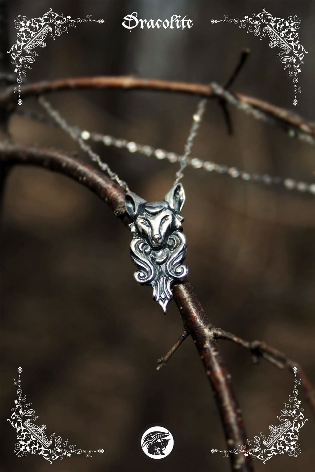 Mythical Fox Pendant with Moon in Sterling Silver