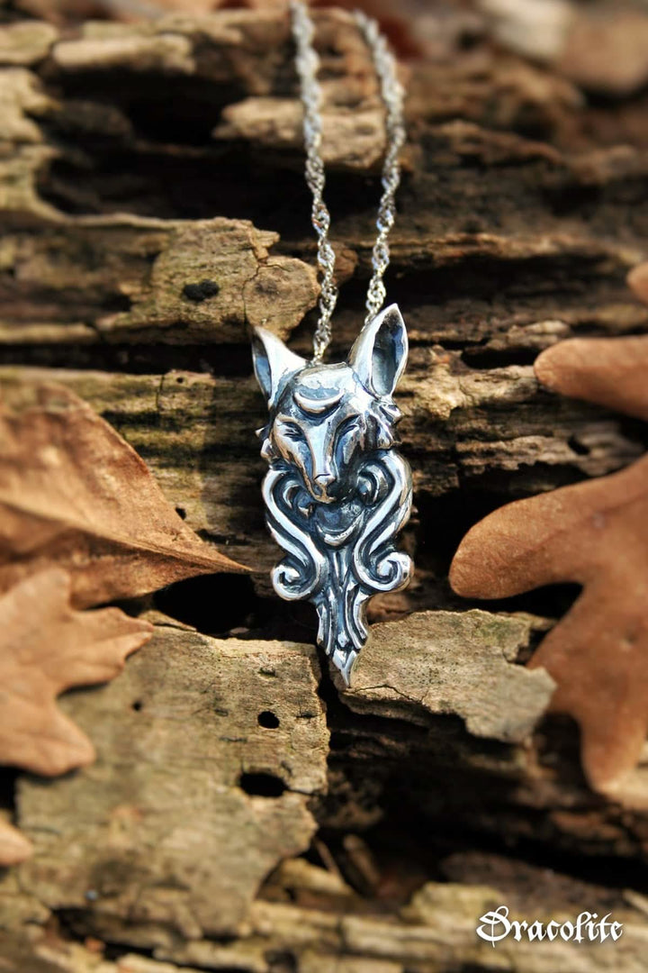 Mythical Fox Pendant with Moon in Sterling Silver